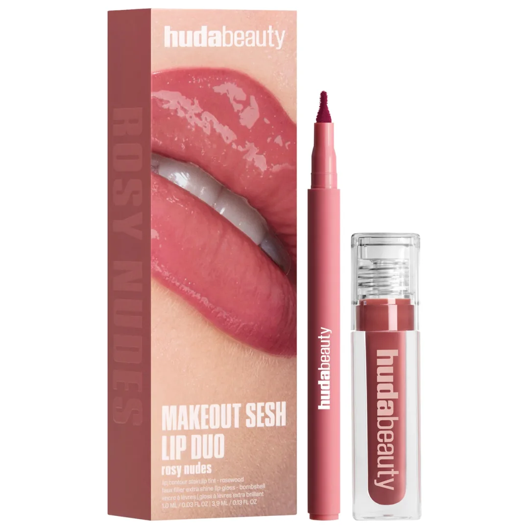 HUDA BEAUTY  Make Out Sesh Lip Stain and Lip Gloss Duos PEACHY NUDES